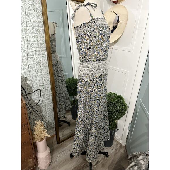 EUC Tory Burch Smocked Dress Red Floral Print Size Medium Resort Beach - Picture 2 of 7